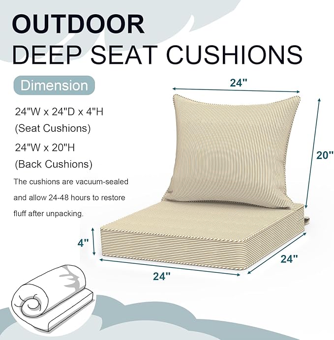 Outdoor Deep Seat Cushion Set, Water Repellent 24"x24" Patio Thick Cushions Replacement with Seat & Back Pillow for Patio Sofa, Wicker Chair, Couch - Stripe Beige