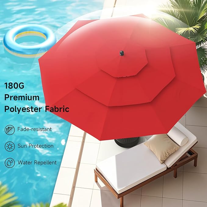 9 FT Outdoor Patio Umbrella, 3 Tier Market Table Umbrella with 8 Sturdy Fiberglass Ribs and 1.5’’ Pole, Smooth Button Tilt Patio Umbrella for Backyard Pool Garden, Red(No Base)