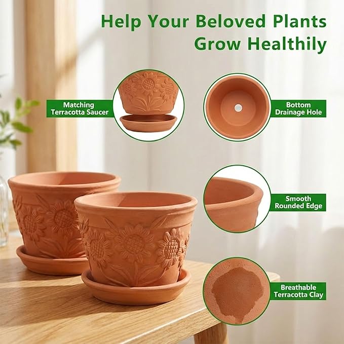 2 Pack Terracotta Plant Pots with Saucers, Boho Clay Flower Pots with Drainage, Lightweight Breathable Shallow Planters for Succulents, Cactus, Herbs & Indoor Outdoor Plants, Sunflower Embossed Design