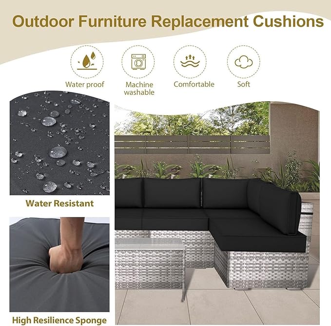 Outdoor Replacement Cushions for Patio Furniture,14-Piece Patio Water-Resistant Replacement Sofa Cushions,Fits 6-seat Sectional Rattan Conversation Set,Liner&Cover Patio Furniture Cushions (Black)