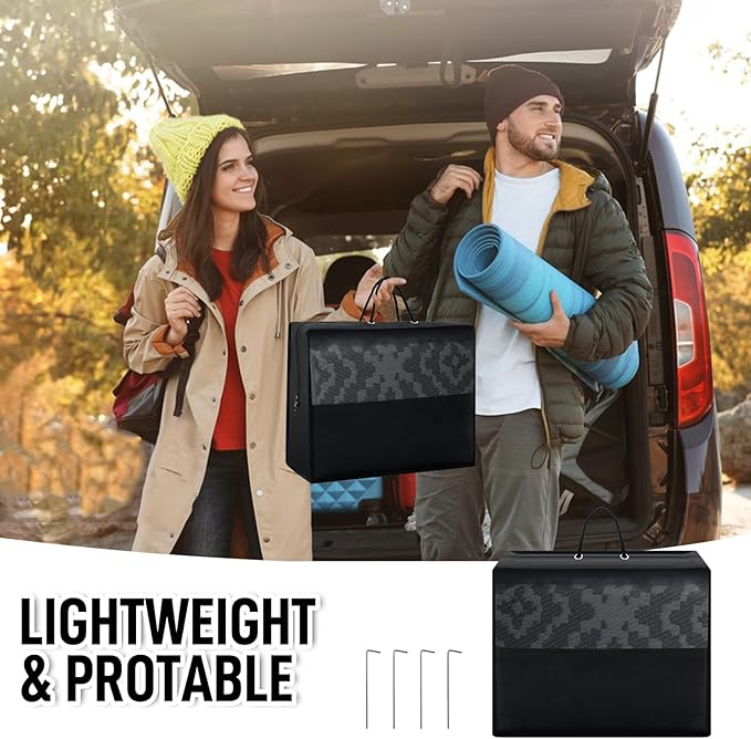 Outdoor Camping Rug Waterproof 5x8FT, Reversible Stain & UV Resistant Plastic Straw RV Rug for Outside Patio Porch Pool Deck Beach Indoor, Area Carpet Mat with Portable Bag&4 Stakes-Black Grey Rhombus