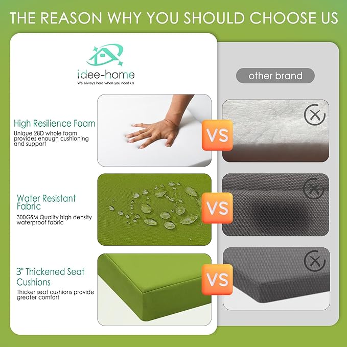 idee-home Outdoor Chair Cushions Set of 4, Thick 17" x 17" x 3" Patio Chair Cushions for Outdoor Furniture Waterproof with Ties, Seat Cushion, Patio Chair Pads Dining Chair Green
