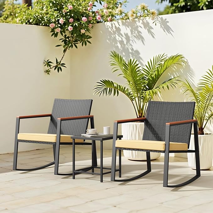 Bealife 3 Piece Patio Set with Cooling Wooden Armrests, Outdoor Rocking Chairs Set of 2 with Glass Table and Cushions, Wicker Patio Bistro Set for Garden, Yard, Balcony, Porch (Beige)