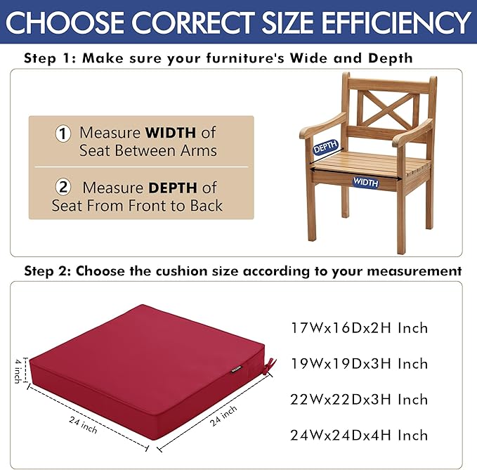Outdoor Chair Cushions 24 x 24 Inch Water Resistant Patio Chair Cushions with Tie 3 Year Color Fastness Thick Outdoor Seat Cushion for Garden Lawn Patio Furniture Burgundy Red Set of 2