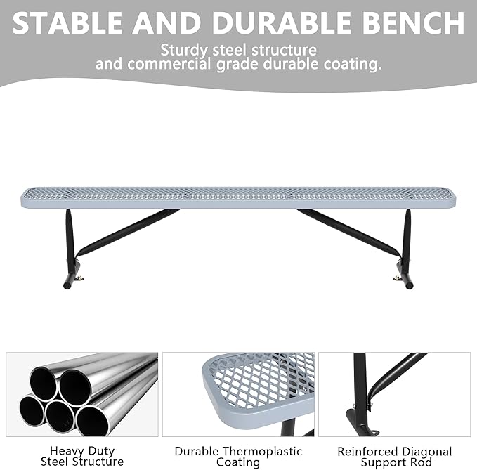 8 Feet Heavy Duty Metal Park Bench for Outside, Outdoor Bench with Portable Frame, Commercial Benches for Shopping Mall, Store, Park, Patio, Deck, Grey