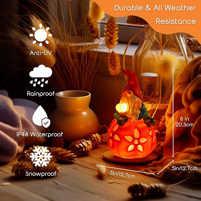 Solar Pumpkin Gnome Garden Statues Halloween Thanksgiving Outdoor Gnome with LED Lights Decorations for Yard Patio Lawn Porch Birthday Christmas Gardening Gifts for Mom Women