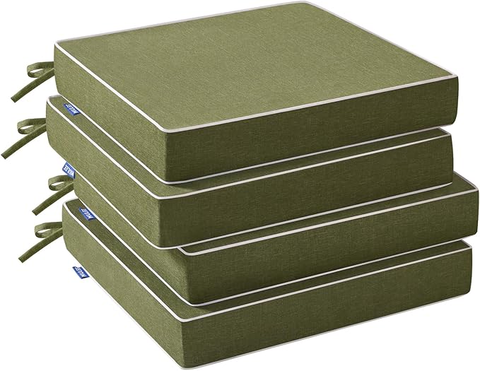 MIULEE Green Outdoor Chair Cushions Set of 4, 18.5x16x3 Inch Waterproof Patio Seat Cushions for Outdoor Furniture Couch Sofa, 3 Year Color Fastness High Density Foam with Adjustable Ties
