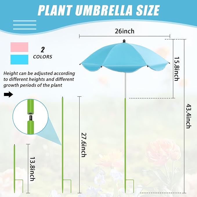 2 Pack Upgraded Plant Umbrellas for Outdoor Plants, 26" Larger Garden Plant Umbrella Shade with Adjustable Angle, 43.4" Higher Sun Shade for Plants, Potted Plant, Garden Beds (Pink & Blue)