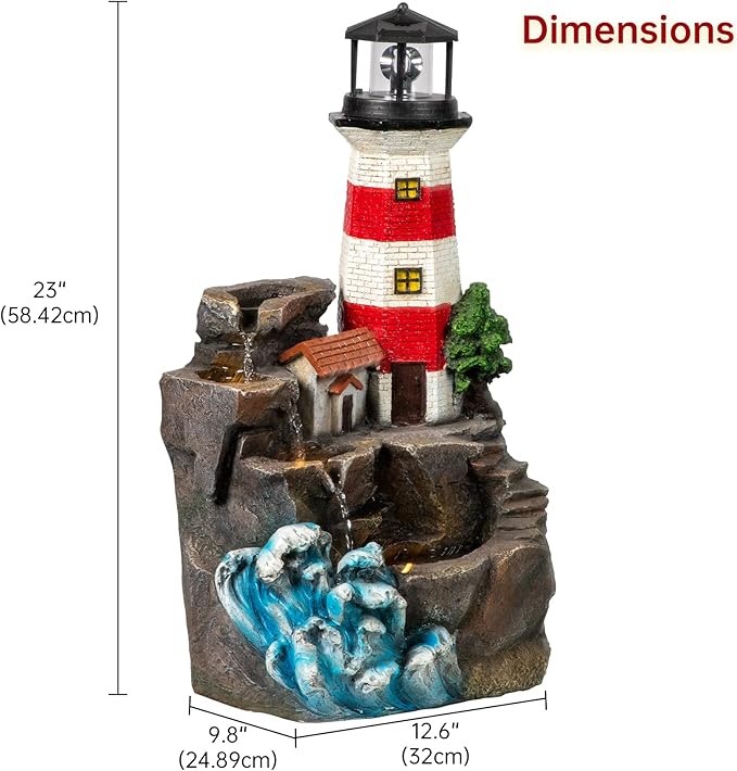 Ferrisland Lighthouse Big Waterfall Fountain Outdoor, Freestanding Relaxing Water Fountain, Garden Backyard Decking Home Nautical Art Decor, Gift Ideas(Red & White, 23" H)