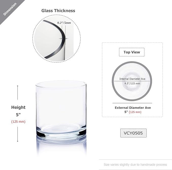WGVI Thick Weighted Clear Right Cylinder Glass Vases, 5" W x 5" H, Equilateral Cylinder Glass Candle Holders Flower Arrangement Centerpieces Storage Container Brush Pen Holder, Bulk Wholesale, 6 Pcs