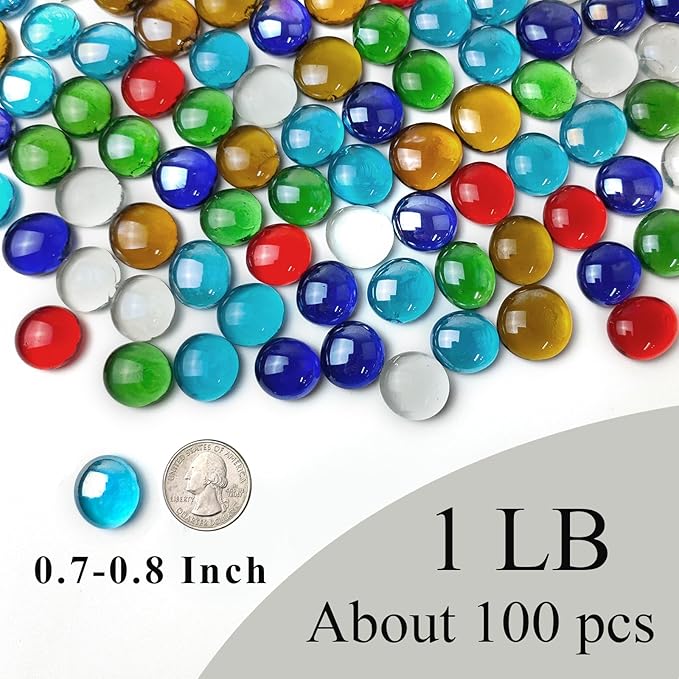 1LB Flat Glass Pebbles for Vase, 100 Pcs Glass Gem Stones for Aquarium, Decorative Glass Rocks for Vase Filler Fish Tank Planter Crafts Birdbath and Valentines Day Decor