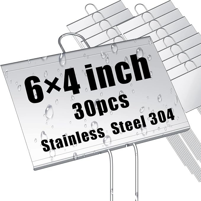 Landhoow 30 Pcs Large Garden Plant Markers Metal Plant Labels Sign Weatherproof Waterproof Garden Sign for Outdoor Seedlings Herbs Vegetable Greenhouse (4'' X 6'' with 11'' Stake,Silver)