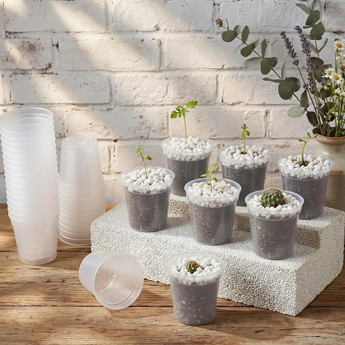 Domensi 400 Pcs 2inch Clear Nursery Pots, Mini Plastic Plant Pot Nursery Seedling Pot with Drainage Holes for Seeds Starter, Indoor Outdoor Garden Vegetables Flowers Seedlings, Gardening Gifts