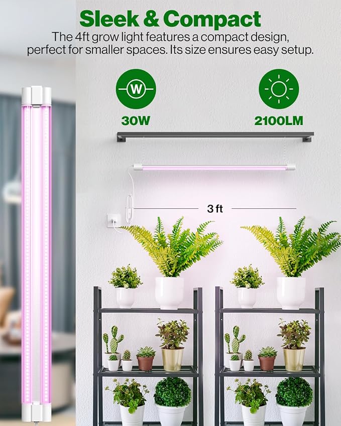 Sunco 3ft Grow Light LED, 30W, Full Spectrum, for Seed Starting, Seedling, Indoor Plants, Plug in Suspended Fixture, Link Up to 4, Inline Switch, UL/ETL 2 Pack.