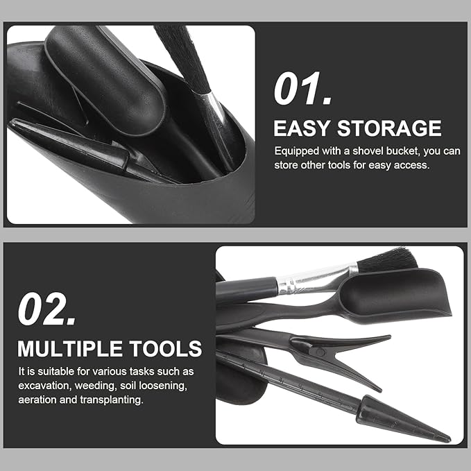 Garden Tool Set for Succulent Planting and Bonsai Care, 2 Sets with Black Planting Device, Soil Scoop, Transplanting Spoon, and Cleaning Brush, Sturdy Gardening Accessories