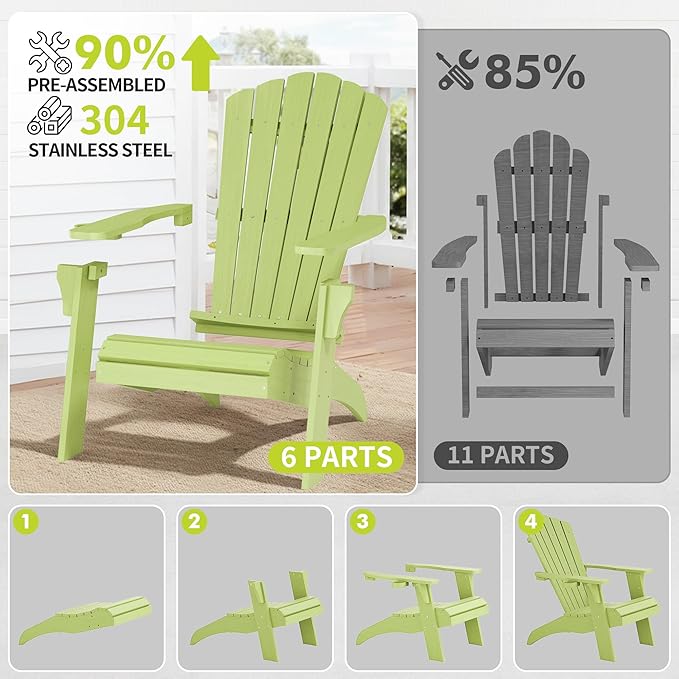 Psilvam Adirondack Chair, Oversized Poly Lumber Fire Pit Chair with Cup Holder, 350Lbs Support Patio Chairs for Garden, Weather Resistant Adirondack Chair Looks Like Real Wood (2, Green)