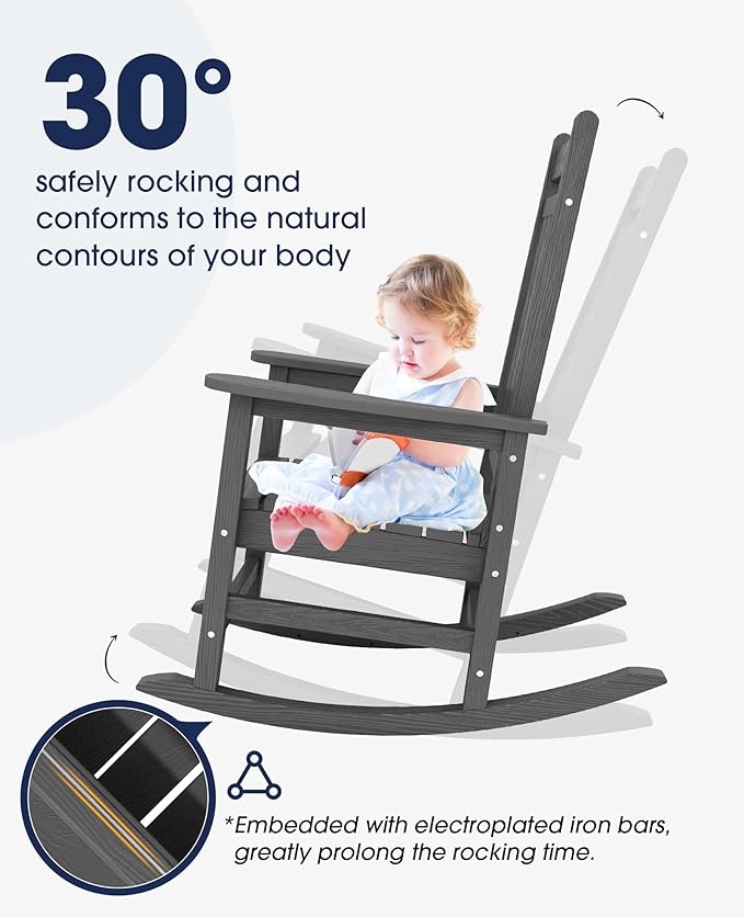 KINGYES Outdoor Rocking Chair Set of 2, All-Weather Patio Rocking Chairs for Porch, HDPE Rocking Outdoor Chairs with High Back for Adult, Heavy Duty Outdoor Patio Rockers for Garden, Lawn, Gray