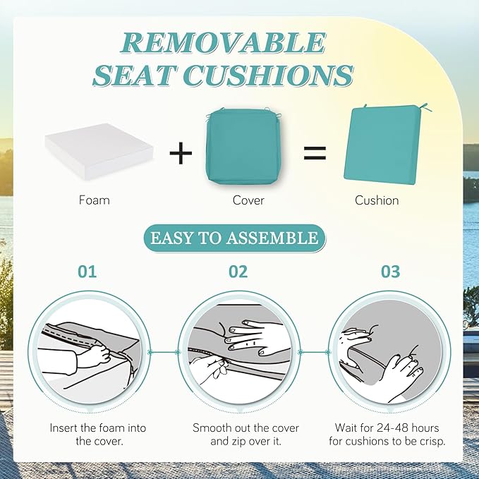 Waterproof Outdoor Chair Cushions Set of 2, Square Outdoor Seat Cushions with Ties and Removable Covers, 22 x 22 Outdoor Cushions for Patio Furniture with Portable Handle(Teal)