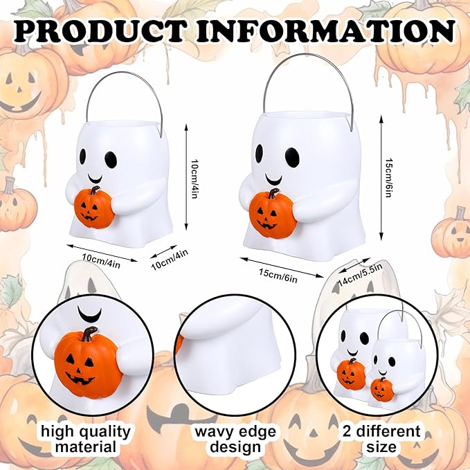 Whaline 2Pcs Halloween Ghost Planter Cute Ghost Pumpkin Bucket Small + Large Holiday Flower Vase for Indoor Outdoor Display Home Decor