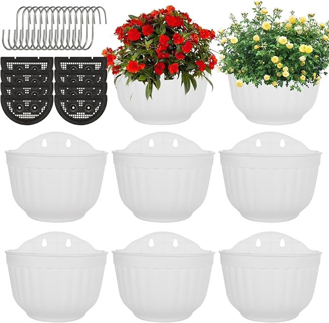 8 Pack Vertical Wall Planters for Indoor Plants Living Wall Planter Outdoor Walls Plant Holder with Hook White Walls Hanging Planter Resin Flower Pot Basket for Garden Railing Balcony Fence