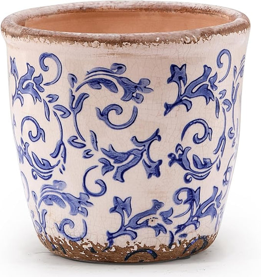 Vintage Ceramic Planter with Drainage Hole, Plastic Tray & Mesh, 5.5 Inch - Indoor/Outdoor Flower Pot, Blue Floral Rustic Farmhouse Design Plant pot for Home, Office & Garden Décor, Ideal Gift