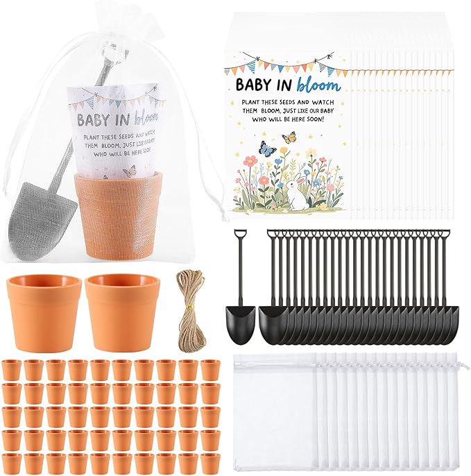 200 PCS Baby Shower Party Favor for Guests Include 50 Flower Seed Packets 50 Pots 50 Organza Bags 50 Garden Shovel for Baby Shower Birthday Party Favor, No Seeds