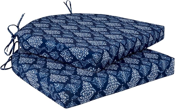 Cozyide Outdoor Chair Cushions, Waterproof Patio Seat Cushions with Adjustable Straps, Round Corner Patio Chair Cushions for Garden, Indigo Badge, 17x16x2 Inch (Pack of 2)