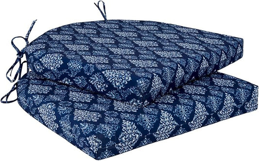 Cozyide Outdoor Chair Cushions, Waterproof Patio Seat Cushions with Adjustable Straps, Round Corner Patio Chair Cushions for Garden, Indigo Badge, 17x16x2 Inch (Pack of 2)