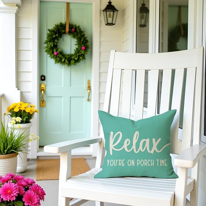 PANDICORN Farmhouse Throw Pillow Covers 18x18 Inch Relax Porch Time Turquoise Summer Beach Outdoor Decorations Pillow Decorative Throw Pillows Cases Cushion Covers for Porch Couch Sofa Decor