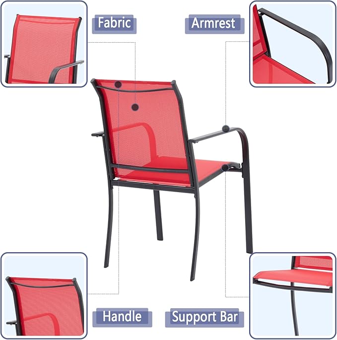 VICLLAX Patio Stackable Chairs Set of 4, Outdoor Dining Chairs with Breathable Fabric Lawn Deck Chairs for Balcony Porch, Red Fabric