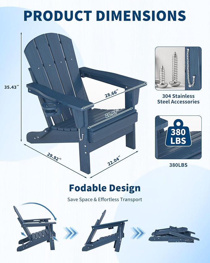 Folding Adirondack Chair Set of 6, All-Weather HDPE Outdoor Chair, Wooden Textured with Cup Holder for patios, Decks, Gardens, fire pits, Navy Blue