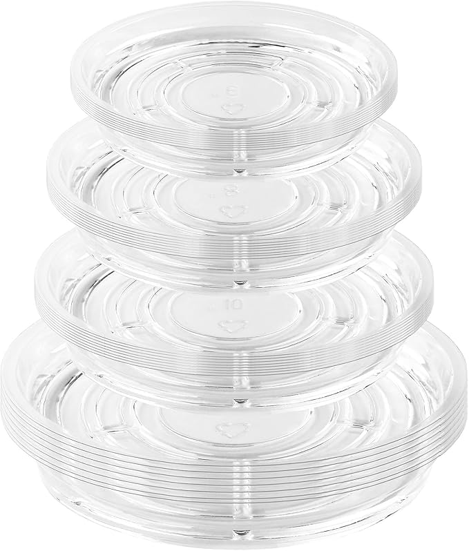 32 Pack Clear Plant Saucers for Indoors (6, 8, 10, 12 inch) Drip Trays to Catch Water Indoor Plants Plastic Plant Trays Bulk