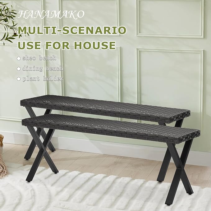 Outdoor Rattan Backless Bench Set of 2, Weatherproof Patio Bench with Seat and X-Shaped Legs, All-Weather Garden Bench for Porch, Patio, Lawn and Backyard, Black