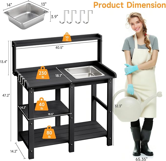 ONBRILL Potting Bench, Outdoor Potting Bench Table with Removable Sink, HDPS Potting Benches for Outside, Garden Table with Storage Shelves & 4 Side Hooks, No Rot, No Fade, No Break, 360lbs Capacity