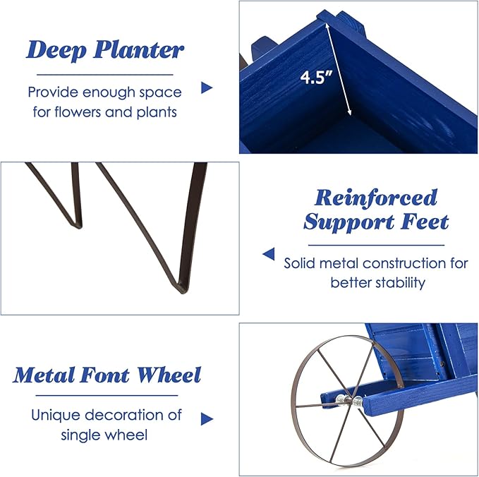 S AFSTAR Wood Wheelbarrow Planter, Small Flower Plant Pot Wheelbarrow Cart with Metal Wheel & 9 Replaceable Magnet Accessories, Wooden Wagon Planter Wheelbarrow for Outdoor Garden Backyard (Blue)