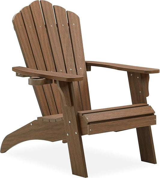 Psilvam Oversized Adirondack Chair, Fade-Resistant & Odor-Free Poly Lumber Fire Pit Chair with Cup Holder, Weatherproof Lawn Chair, Easy 15 Min Install Patio Chair, 350 Lbs Support (1, Light Brown)
