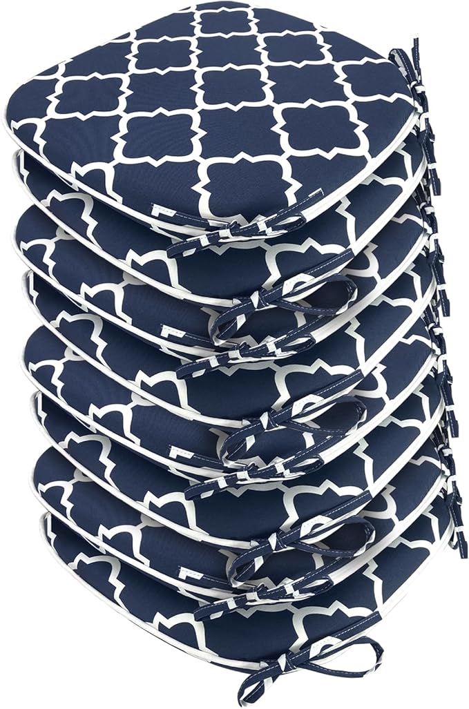 SleepMan Outdoor 17"x16" Chair Cushions with Ties Set of 8, Water Resistant All Weather U-Shape Seat Pads for Patio Garden Furniture Indoor Fade Resistant Patio Cushions (Blue Plaid)