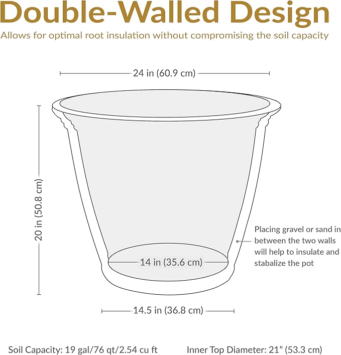 Sunnydaze 24-Inch Anjelica Large Plastic Pot for Plants - Outdoor Double-Walled Large Plastic Planter with Drillable Drainage Holes - Slate - 2pk