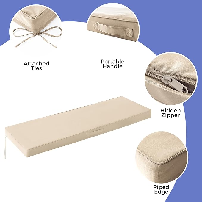 Outdoor Bench Cushions for Outdoor Furniture, 59x18x3 Inch, Waterproof Bench Pillow, Fade Resistant Long Bench Seat Pads for Garden, Indoor, Porch Swing, Beige