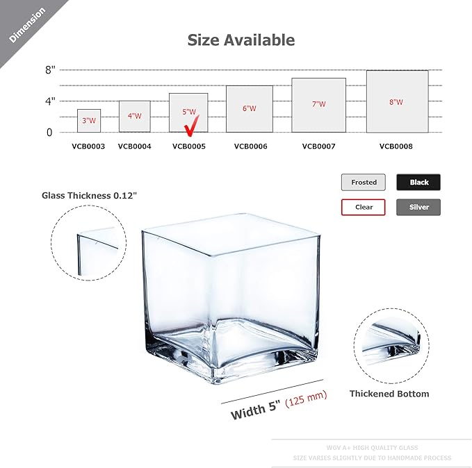WGV Cube Glass Vase, Candle Holder, 5"x5"x5", [Bulk & Size Options Available] Clear Elegant Floral Accent Container Planter Terrarium Wedding Party Ceremony Home Decor, 1 Piece