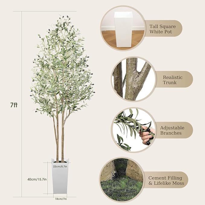 Alupssuc 7FT Artificial Olive Tree, Fake Olive Tree with Lifelike Leaves and Fruits, Faux Tall Plant Indoor Outdoor for Home Living Room Bedroom Balcony Corner Office Garden Decor, 210cm