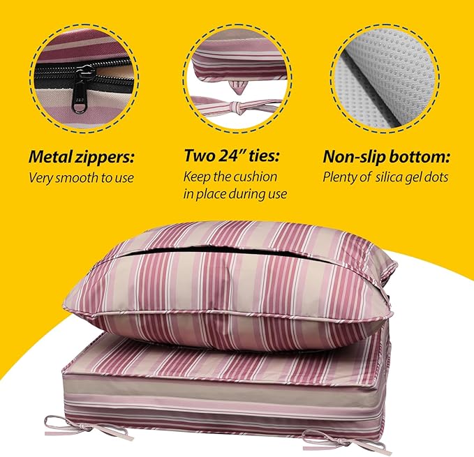 AAAAAcessories Outdoor Seat Cushions for Chairs, Fade-Resistant, Waterproof Patio Furniture Replacement Cushions, 25.5" x 25.5" x 5" + 25.5" x 19", Set of 4, Dusty Rose Garden Stripe