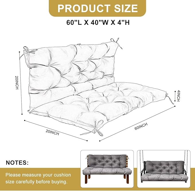 60" Porch Swing Cushion with Backrest, Waterproof Outdoor Bench Swing Cushions 3 Seater Replacement Thickened Swing Cushions with Ties for Patio Garden Backyard,Black,60x40in