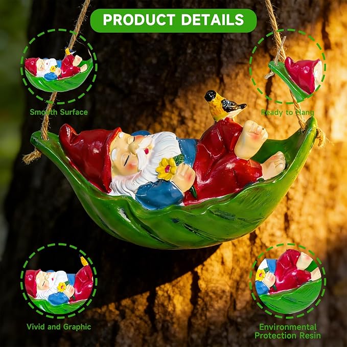 Garden Gnome Outdoor Statues for Garden Decor, Gnome Bird Flowers Resin Hanging Decorations Tree Ornaments Figurines for Outside Backyard Art Decor