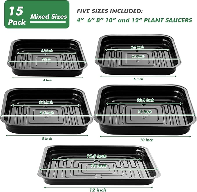 15 Pack 4, 6, 8, 10, 12 Inch Plant Saucer Plant Trays for Pots Square Plant Pot Saucers for Outdoors and Indoors Plant Water Catcher Tray Plastic Plant Trip Trays Saucers for Potted Plants Dishes