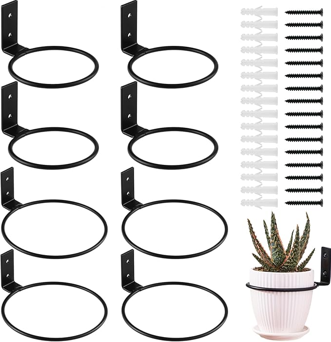 8-Pack 4/6 Inch Flower Pot Holder Ring Wall Mounted Metal Flower Pot Hangers Wall Hanger Bracket Rings Black Planter Bracket for Home, Garden, Indoor Outdoor Pots