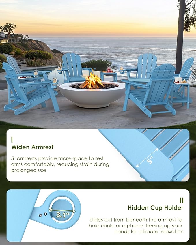 GREENVINES Folding-Adirondack-Chair | HDPE Plastic | Fire Pit Chairs | All Weather | Cup Holder | Arctic | for Deck Backyard Patio Outdoor Garden