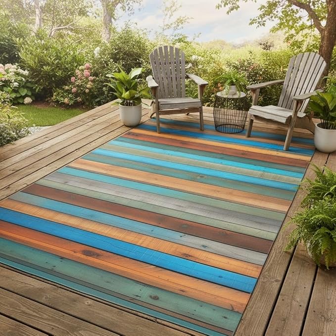 Teal Blue Brown Vintage Striped Old Wooden Plank Outdoor Rug 6x8 Wooden Board Waterproof Outdoor Area Rug for Garden Balcony Backyard Camping Porch Deck Carpet No Slip Washable Floor Mat Multicolor