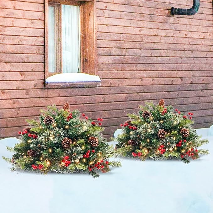 2 Pack Lighted Artificial Christmas Urn Filler,Pre-Lit 50 LED Outdoor/Indoor Trees with 8 Modes & Auto Timer,Battery Operated Christmas Trees Porch Decorations for Home, Porch & Yard (18 Inches)