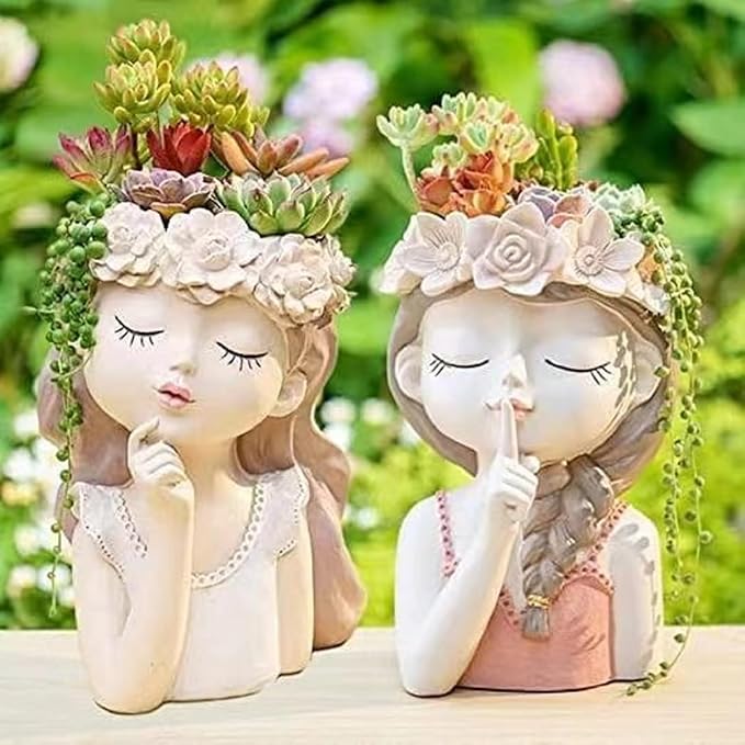 Head Planter Succulent Pots Face Flower Pot Cute Resin Cactus Planters with Drainage Creative Decorations, Gift for Women, Man, Office and Garden Decor, 7.3x6.5x10.6inch